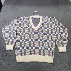 Vintage Crossings Sweater Mens Medium Multicolor Geometric Knit V Neck USA 90s